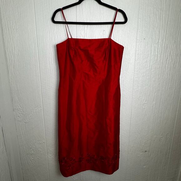 Ann Taylor Red 100% Silk Dress Size 8 Sleeveless Romantic Beaded 90s Midi Sheen - Picture 2 of 8